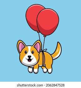 Cute Corgi Dog Floating With Balloon Cartoon Vector Icon Illustration. Animal Icon Concept Isolated Premium Vector. Flat Cartoon Style