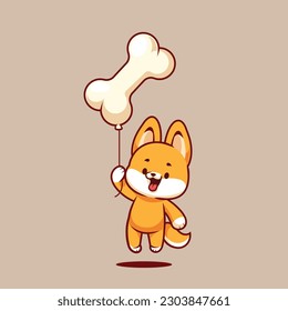 Cute corgi dog floating with bone balloon