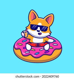 Cute Corgi Dog Floating With Doughnut Swimming Tires Cartoon Vector Icon Illustration. Animal Holiday Icon Concept Isolated Premium Vector. Flat Cartoon Style