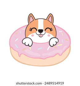 Cute Corgi Dog Floating With Doughnut Swimming Tires Cartoon Vector Icon Illustration. Animal Holiday Icon 
