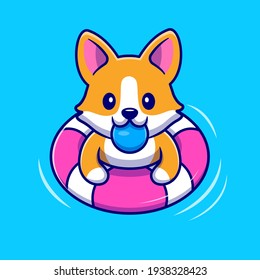 Cute Corgi Dog Floating With Swimming Tires Cartoon Vector Icon Illustration. Animal Holiday Icon Concept Isolated Premium Vector. Flat Cartoon Style