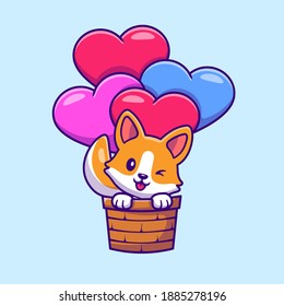 Cute Corgi Dog Flying With Love Balloon Cartoon Vector Icon Illustration. Animal Nature Icon Concept Isolated Premium Vector. Flat Cartoon Style