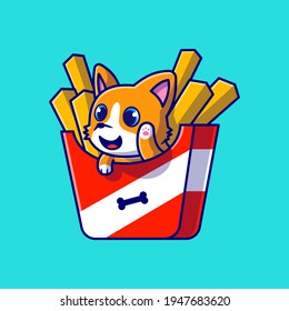 Cute Corgi Dog With French Fries Cartoon Vector Icon Illustration. Animal Food Icon Concept Isolated Premium Vector. Flat Cartoon Style