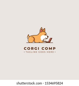 Cute corgi dog in front of laptop, vector logo illustration