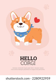 Cute corgi dog greeting card template, cartoon flat vector illustration. Funny welsh corgi pembroke poster. Cheerful puppy wearing scarf or bandana.