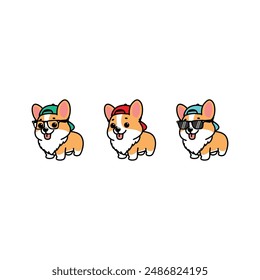 Cute corgi dog with hat and glasses cartoon, vector illustration