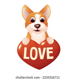 Cute corgi dog with heart, text Love, adorable pet in cartoon style isolated on white background. Comic emotional character, funny pose