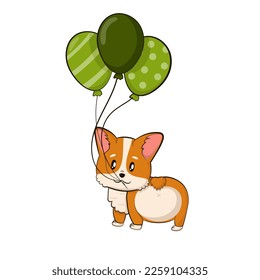 Cute corgi dog holding baloons for St Patrick`s Day in cartooon style isolated on white background, design element for greeting cards or invitations