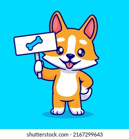 Cute Corgi Dog Holding Bone Board Cartoon Vector Icon Illustration. Animal Nature Icon Concept Isolated Premium Vector. Flat Cartoon Style