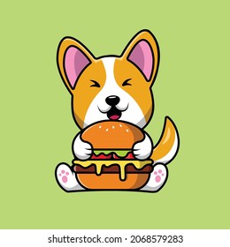 Cute Corgi Dog Holding Burger Cartoon Vector Icon Illustration. Animal Food Icon Concept Isolated Premium Vector. Flat Cartoon Style