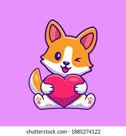 Cute Corgi Dog Holding Heart Cartoon Vector Icon Illustration. Animal Nature Icon Concept Isolated Premium Vector. Flat Cartoon Style