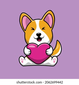 Cute Corgi Dog Holding Heart Love Cartoon Vector Icon Illustration. Animal Nature Icon Concept Isolated Premium Vector. Flat Cartoon Style