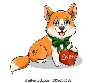 Cute corgi dog holding heart-shaped pillow with Love inscription in its paws. Humor poster, t-shirt composition, hand drawn style print. Flat cartoon vector illustration isolated on white background.