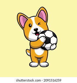 Cute Corgi Dog Holding Soccer Ball Cartoon Vector Icon Illustration. Animal Sport Icon Concept Isolated Premium Vector. Flat Cartoon Style