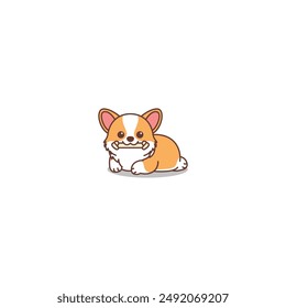 Cute corgi dog holding toy in mouth and laying down cartoon, vector illustration