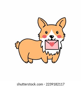 Cute corgi dog holds an envelope with heart. Valentine's day sticker. Puppy. Pet. Hand drawn illustration.
