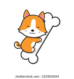 Cute corgi dog hug on bone cartoon icon illustration. Design isolated flat cartoon style
