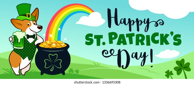 Cute corgi dog in leprechaun costume with pot of gold and rainbow, blue sky and green hills, Happy St. Patrick's Day! text. Pets, St. Patrick's Day holiday, Irish folklore theme banner, greeting card.