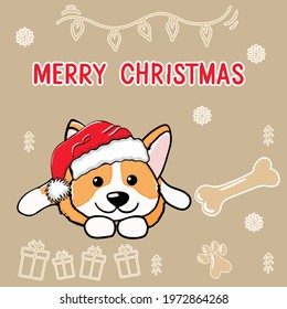 Cute corgi dog lies smiling christmas corgi dog wearing santa claus hat with inscription, happy christmas cartoon illustration. on an isolated background