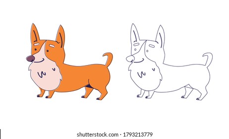 Cute corgi dog monochrome and color set vector flat illustration. Coloring page for kids.