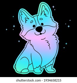 Cute corgi dog on holographic iridescent background