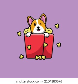 Cute Corgi Dog On Pop Corn Cartoon Vector Icon Illustration. Animal Food Concept Isolated Premium Vector. Flat Cartoon Style