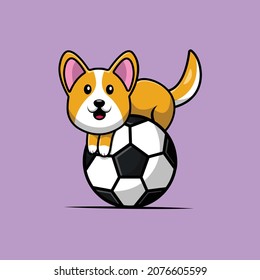 Cute Corgi Dog On Soccer Ball Cartoon Vector Icon Illustration. Animal Sport Icon Concept Isolated Premium Vector. Flat Cartoon Style
