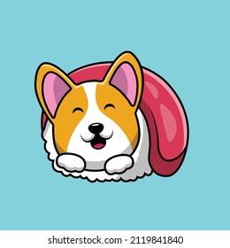 Cute Corgi Dog On Sushi Roll Cartoon Vector Icon Illustration. Animal Food Icon Concept Isolated Premium Vector. Flat Cartoon Style