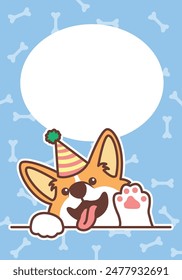 Cute corgi dog with party hat waving paw cartoon greeting card, vector illustration