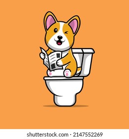 Cute Corgi Dog Pooping With Reading Newspaper Cartoon Vector Icon Illustration. Animal Icon Concept Isolated Premium Vector.