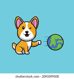 Cute Corgi Dog Punch Planet Cartoon Vector Icon Illustration. Animal Science Icon Concept Isolated Premium Vector. Flat Cartoon Style