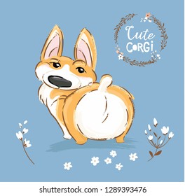 Cute Corgi Dog Puppy Back Tail Vector Illustration. Pretty Fox Pet Character Outdoor Poster. Little Happy Brown Doggy Series in Flower on Blue Background Flat Cartoon Print Banner.
