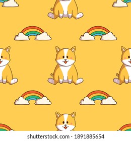 cute corgi dog and rainbow  seamless pattern with doodle style on yellow background