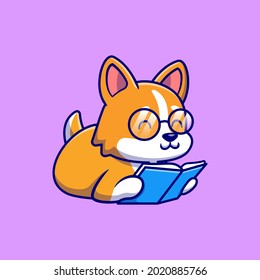 Cute Corgi Dog Reading Book Cartoon Vector Icon Illustration. Animal Education Icon Concept Isolated Premium Vector. Flat Cartoon Style