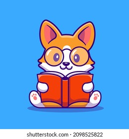 Cute Corgi Dog Reading Book Cartoon Vector Icon Illustration. Animal Education Icon Concept Isolated Premium Vector. Flat Cartoon Style