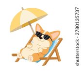 Cute Corgi Dog Relaxing on Beach Chair Under Umbrella. Flat Vector Illustration Isolated on White Background.