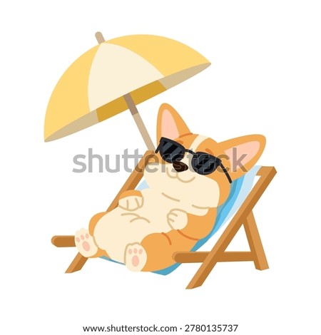 Cute Corgi Dog Relaxing on Beach Chair Under Umbrella. Flat Vector Illustration Isolated on White Background.