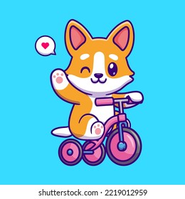 Cute Corgi Dog Riding Bicycle And Waving Hand Cartoon Vector Icon Illustration. Animal Transportation Icon Concept Isolated Premium Vector. Flat Cartoon Style