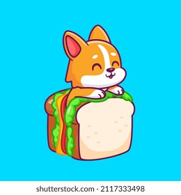 Cute Corgi Dog In Sandwich Cartoon Vector Icon Illustration. Animal Food Icon Concept Isolated Premium Vector. Flat Cartoon Style