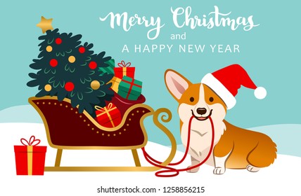 Cute corgi dog in Santa hat ready to pull sleigh with decorated Christmas tree and colorful gifts vector illustration. Pets, dogs, Christmas, winter holidays, new year theme for greeting cards.