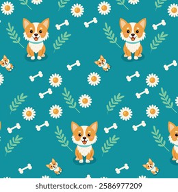 Cute Corgi Dog Seamless Pattern with Daisies, Leaves, and Bones