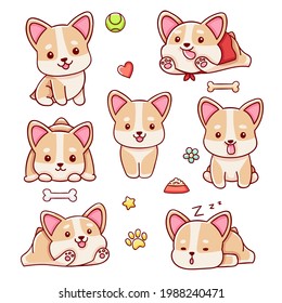 cute corgi dog set, flying, sleeping, sitting, hunting, cartoon style