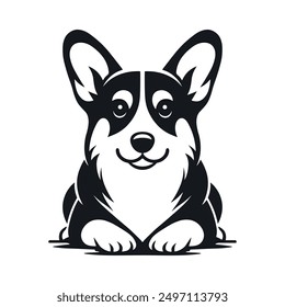 Lindo Corgi perro sentado, silueta logo. Icono minimalista y simple. Perrito de dibujos animados. Plantilla de Vector para el arte de la pared del corte del laser aislado en blanco. 