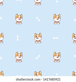 Cute corgi dog sitting and smiling cartoon seamless pattern, vector illustration