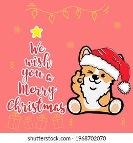 Cute corgi dog sitting smiling christmas corgi dog wearing santa claus hat lettering we wish you a happy christmas cartoon illustration. Isolated on a pink background