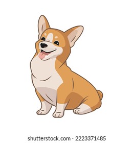 Cute corgi dog sitting and smiling with tongue stick out, fluffy puppy,  funny sweet adorable pet being a good boy, happy dog smile, cartoon style pedigree dog, lovely animal on white background