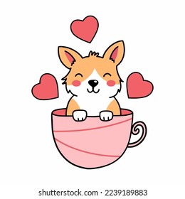 Cute corgi dog is sitting in tea mug. Vector doodle illustration for Valentine's day. Funny puppy. Sticker with  heart.