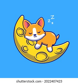 Cute Corgi Dog Sleeping On The Moon Cartoon Vector Icon Illustration. Animal Nature Icon Concept Isolated Premium Vector. Flat Cartoon Style