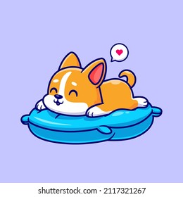 Cute Corgi Dog Sleeping On Pillow Cartoon Vector Icon Illustration. Animal Nature Icon Concept Isolated Premium Vector. Flat Cartoon Style