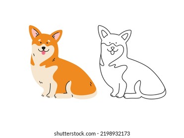 Cute corgi dog vector cartoon illustration. Hand-drawn dog in contemporary flat style, and line art. Cartoon animal, pet. The dog is sitting.